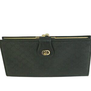 Gucci Vintage Black Coated Long Wallet Logo Kisslock Snap Trifold 035-001-0264